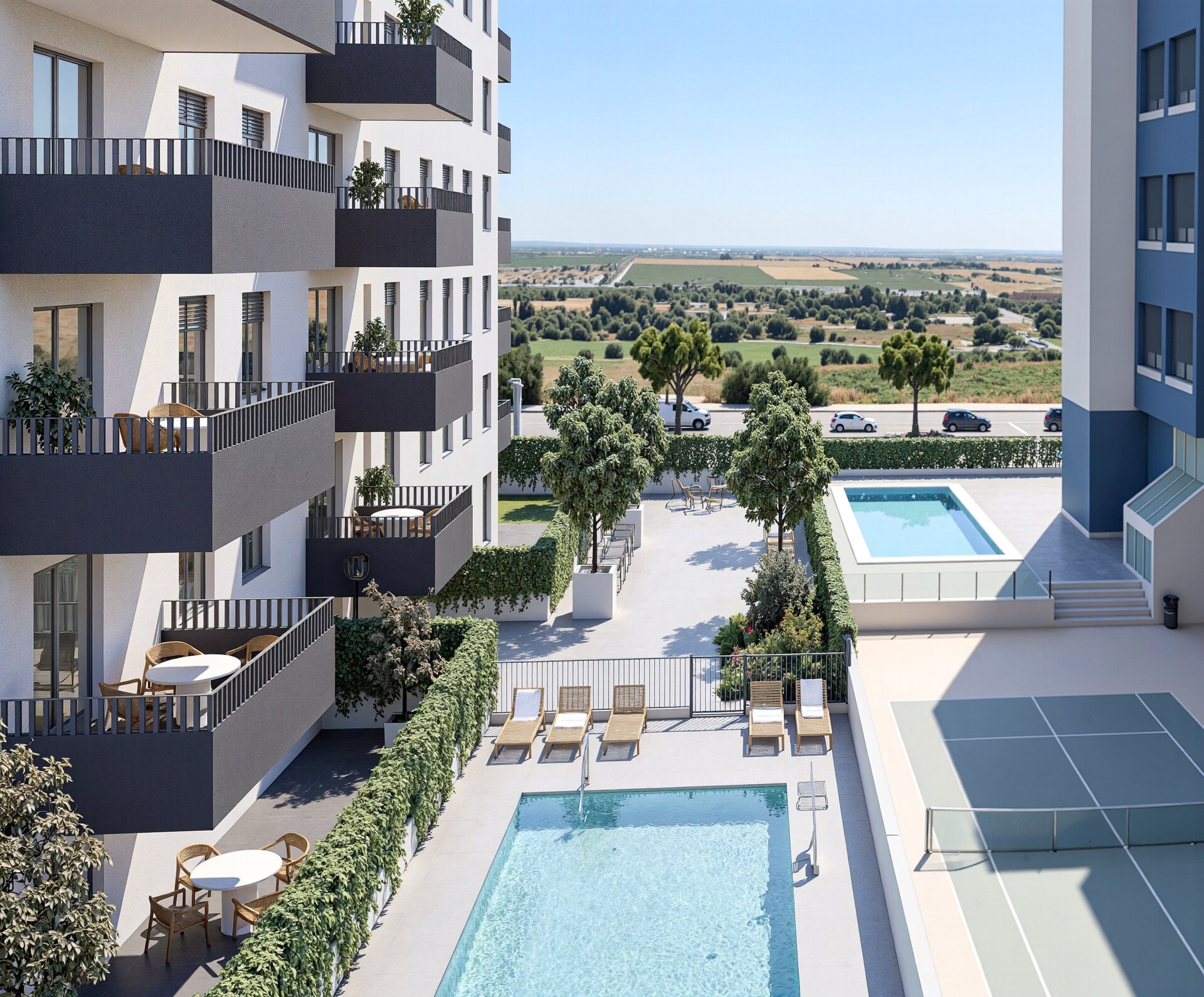 Residencial Aurum — piscina comunitaria y jardines
